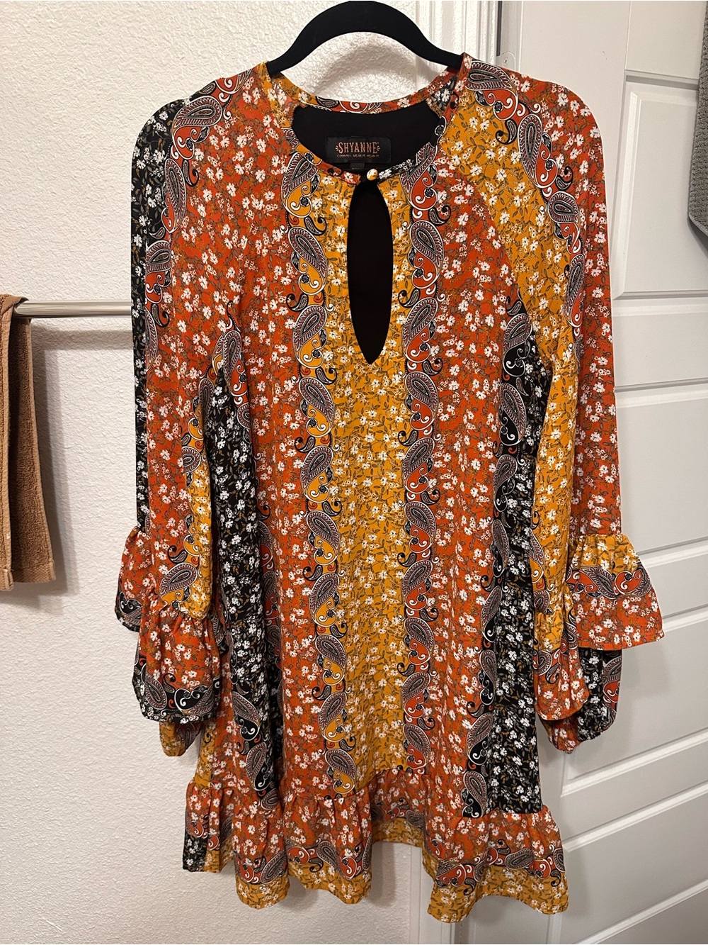 Shyanne Rust, Mustard & Black Paisley Patchwork Keyhole Dress